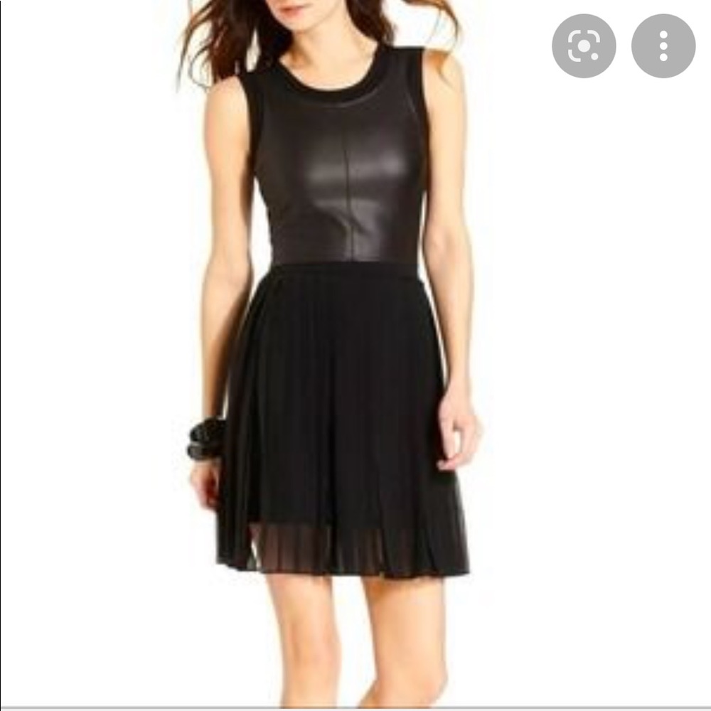 BCBG Black Pleated Dress with Vegan Leather Bodice